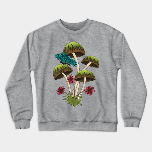 Forest Mushrooms With Butterfly and Flowers Crewneck Sweatshirt by TheEmeraldOwl_byKaitlyn